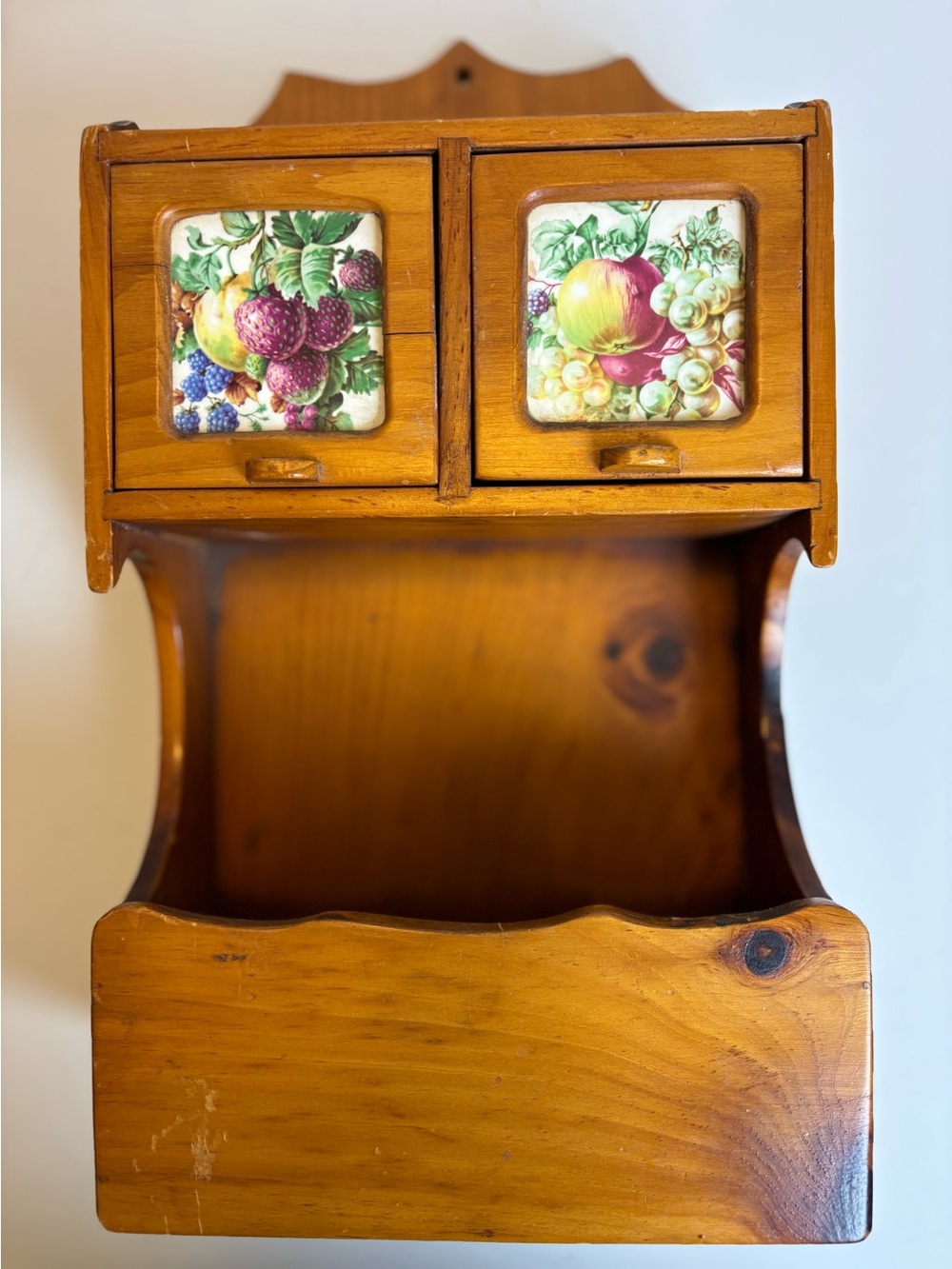 Vintage Wooden Spice Box/Apacathary-Inlay Fruit Tile Drawers-Wall Decor Storage